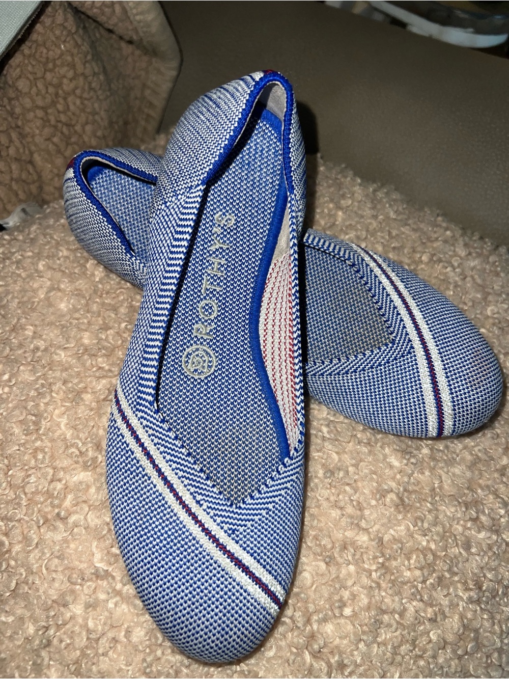 Rothy's Blue and White Striped Knit Ballet Flats
